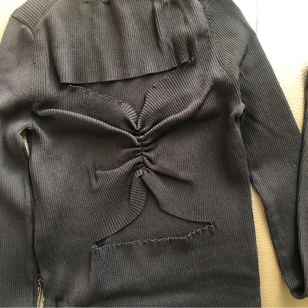 French-Imported Ribbed Stretch Sweater | Dramatic Open Back & Rushed Detail - Picture 4 of 5